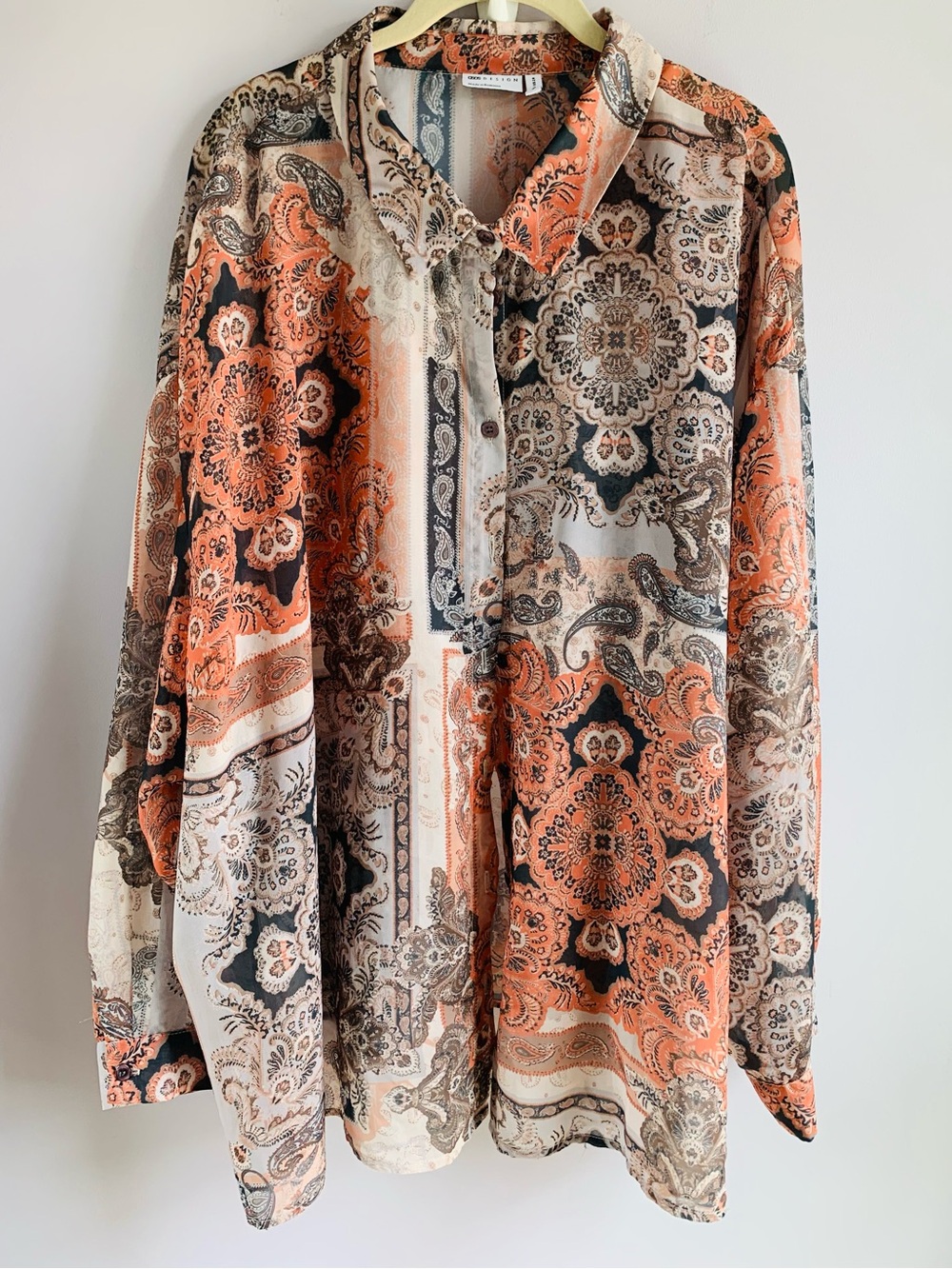 ASOS Button Front Shirt Semi Sheer Paisley Rust Brown Business Casual EUC sz 24